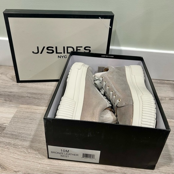 NIB J/SLIDES NYC West Bronze Leather Sneaker Shoes White Platform Soles Size 10M - Picture 1 of 13